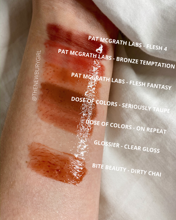 Gloss Collection Ranking | Pat McGrath Lust Gloss Swatches - Flesh 4, Bronze Temptation | Flesh Fantasy | Dose of Colors Lip Gloss Swatches - Seriously Taupe & On Repeat | Glossier Clear Lip Gloss Swatch | Bite Beauty French Press Lip Gloss Dirty Chai Swatch